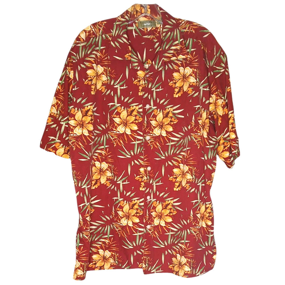 Natural Issue Mens XLT Shirt Red Yellow Floral Hawaiian Short Sleeve 100% Cotton